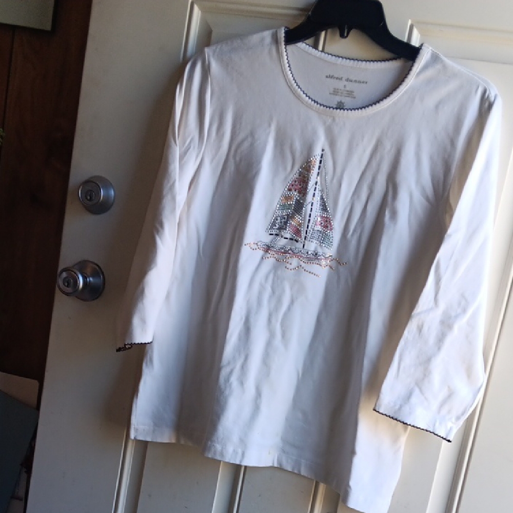 Alfred Dunner White Long-Sleeve Tee with Beaded Sailboat